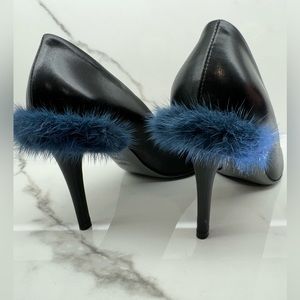 Fendi black leather and mink fur trim pointed toe pumps